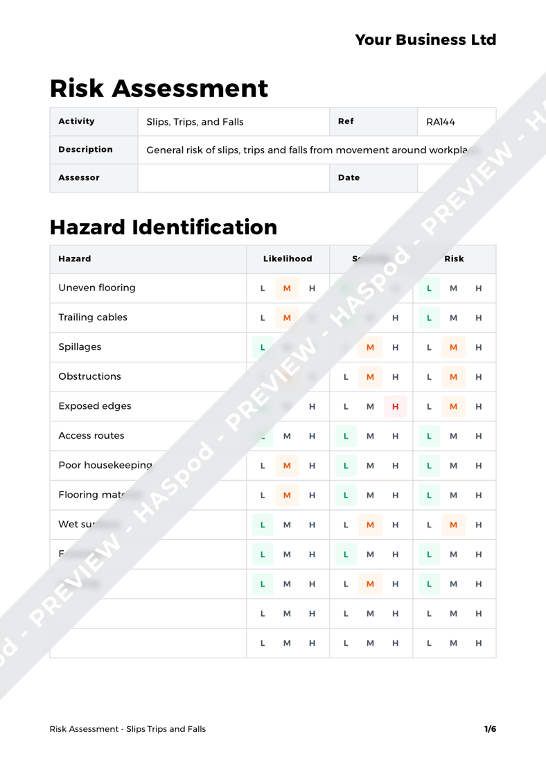 Slips Trips and Falls Risk Assessment Template HASpod