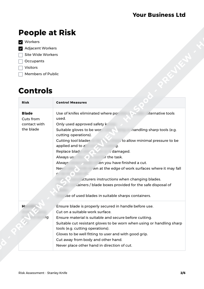 Stanley Knife Risk Assessment Template HASpod