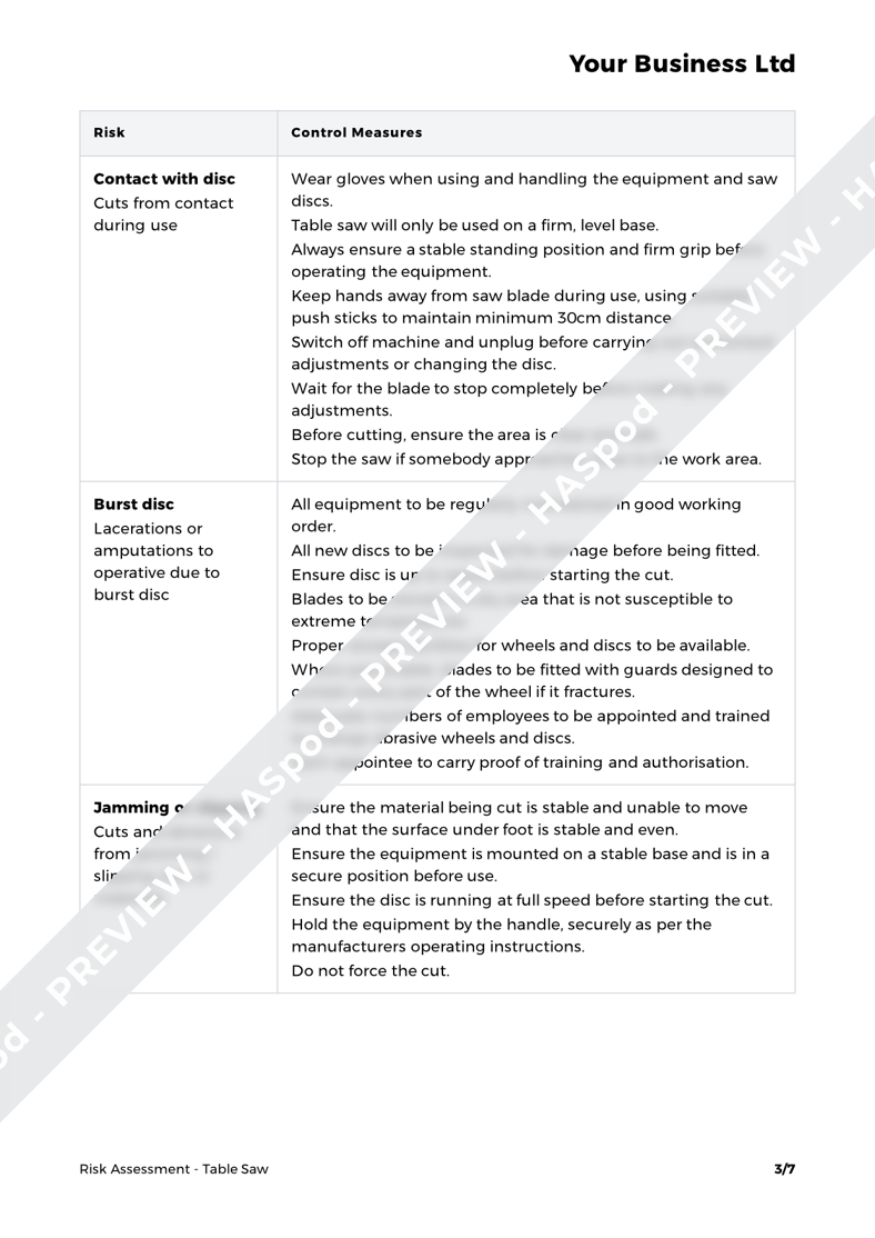 Table Saw Risk Assessment Template HASpod