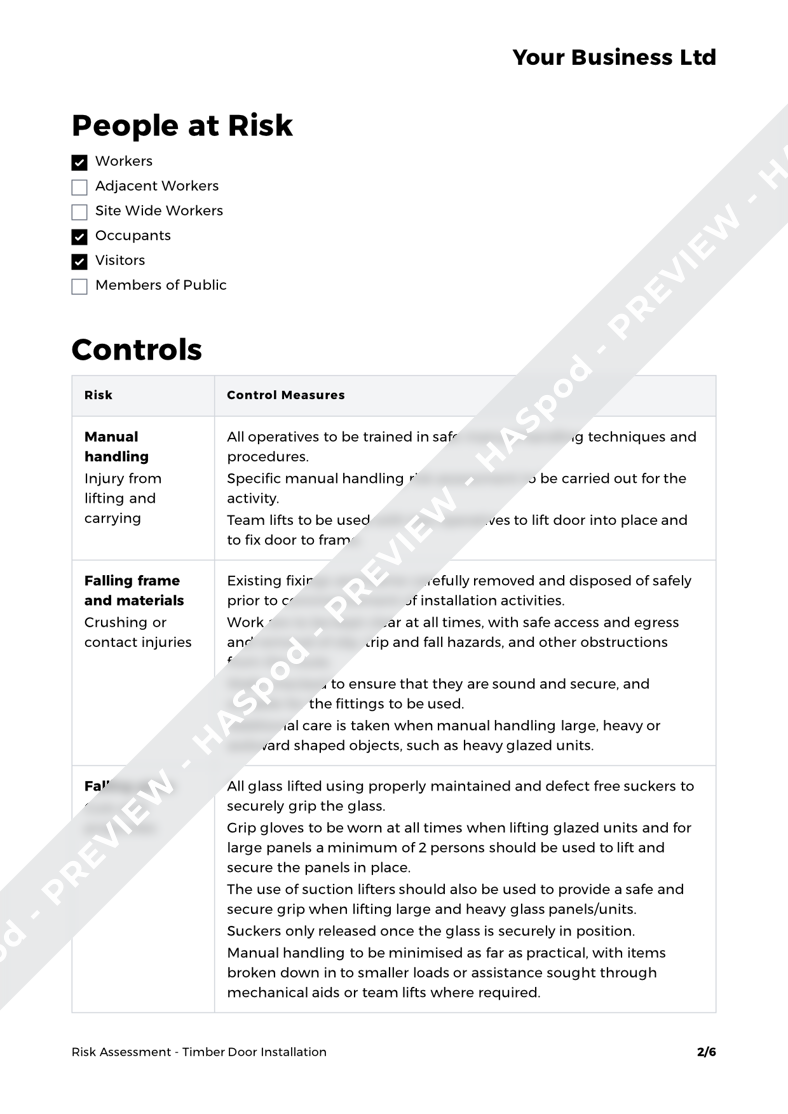 Timber Door Installation Risk Assessment Template HASpod