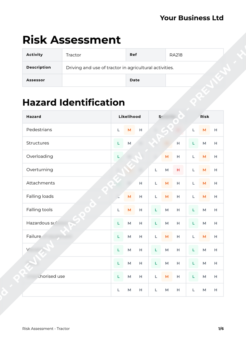 Tractor Risk Assessment Template HASpod