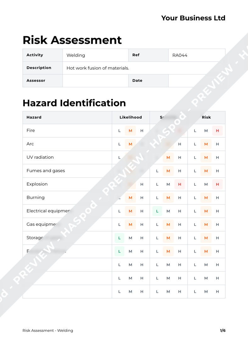 Welding Risk Assessment Template HASpod