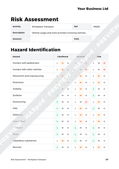 Workplace Transport Risk Assessment Template Haspod 0105