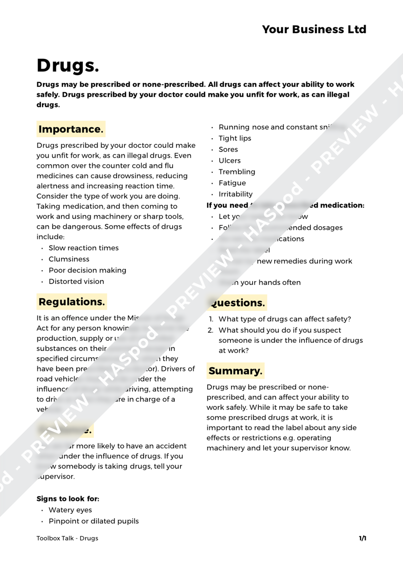 Drugs Toolbox Talk Template HASpod