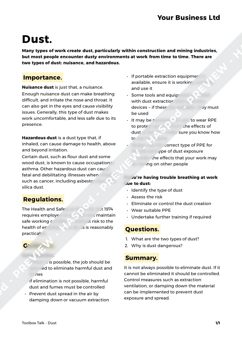 Dust Toolbox Talk Template HASpod
