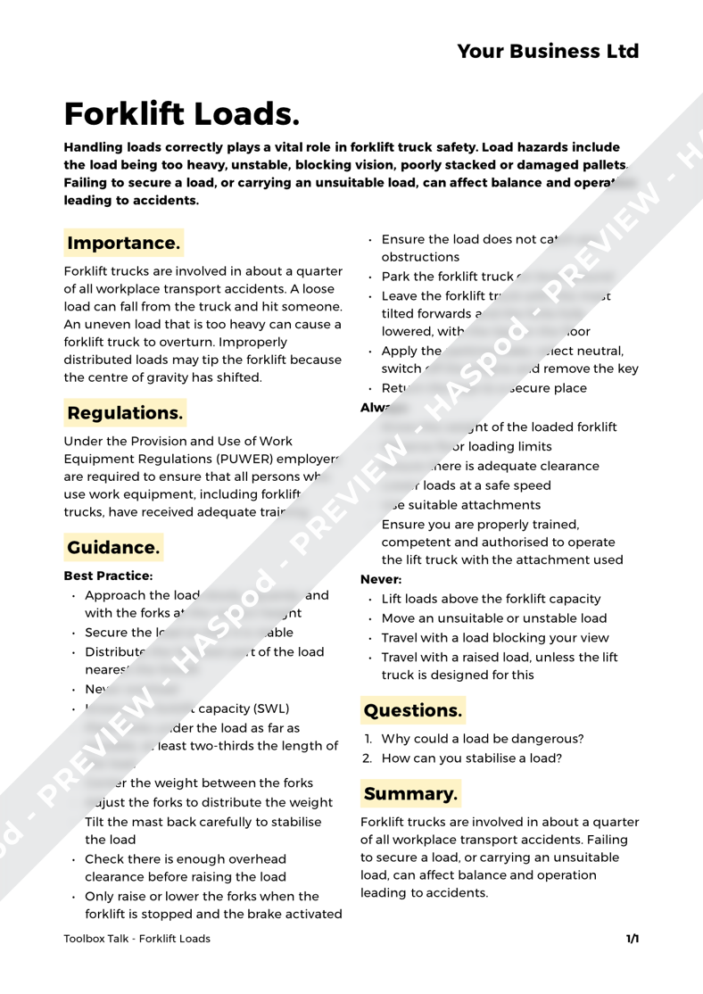 Forklift Loads Toolbox Talk Template HASpod