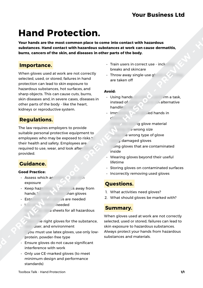 Hand Protection Toolbox Talk Template HASpod