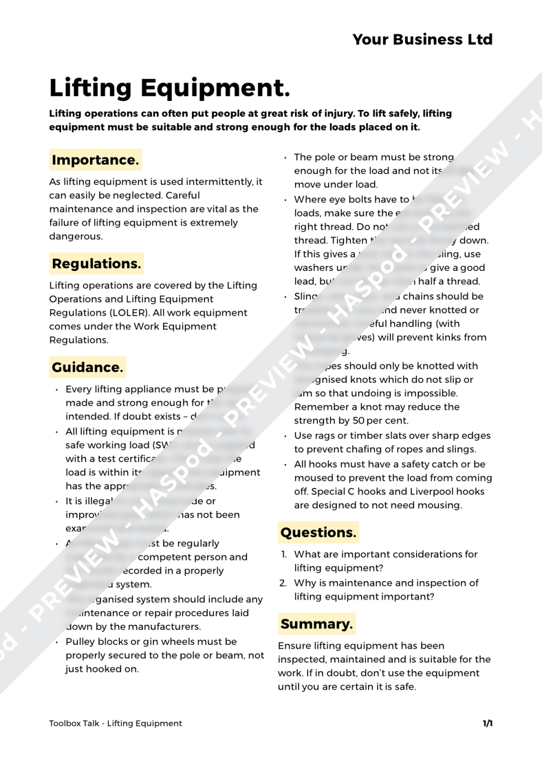 Lifting Equipment Toolbox Talk Template HASpod