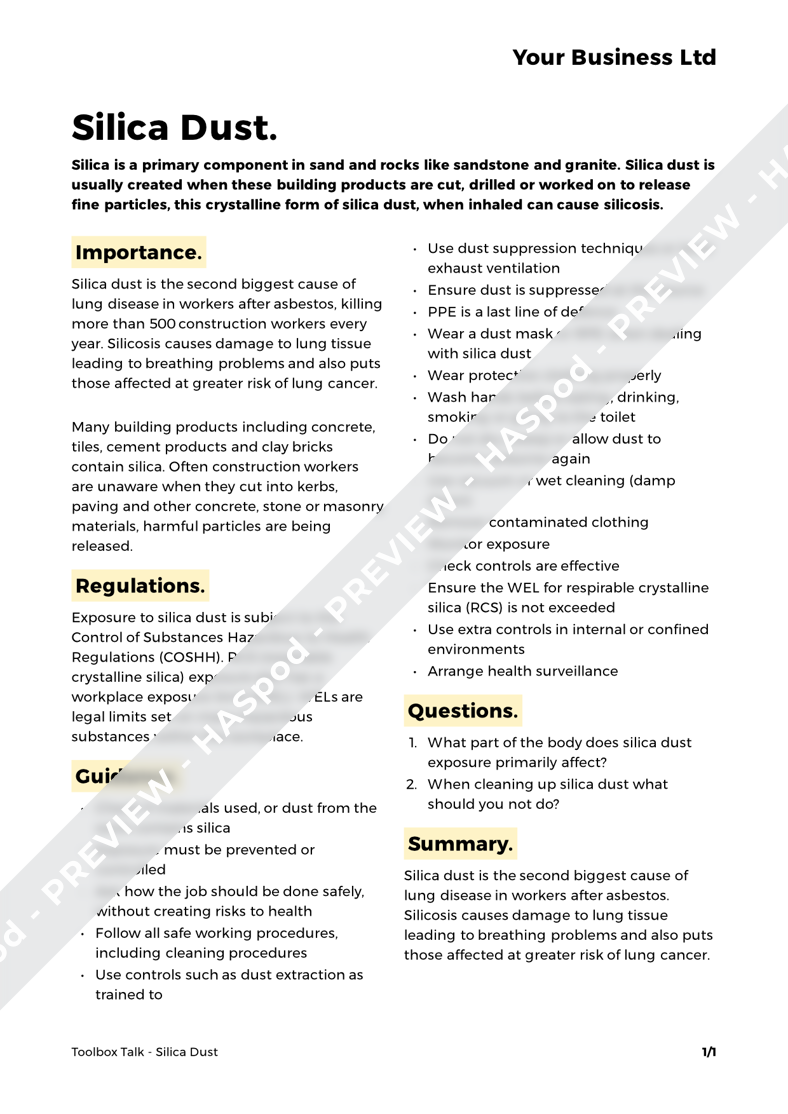 Silica Dust Toolbox Talk Template HASpod