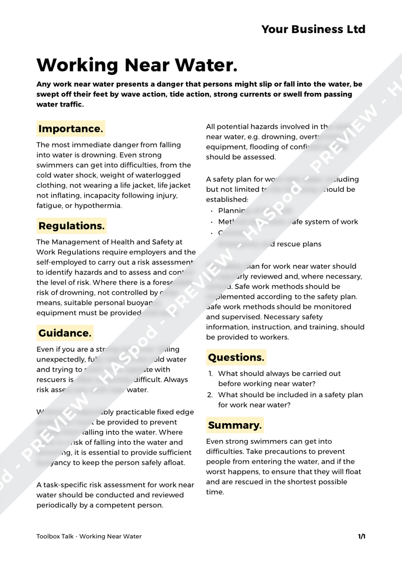 Working Near Water Toolbox Talk Template HASpod