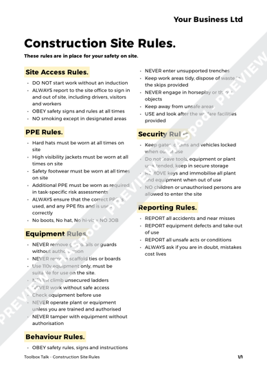 Construction Site Rules Toolbox Talk Template HASpod