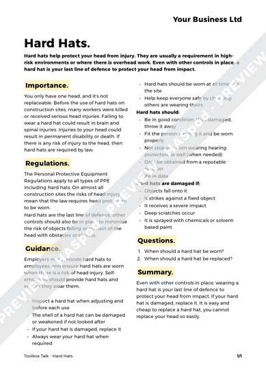 Hard Hats Toolbox Talk Template - HASpod