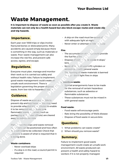 Waste Management Toolbox Talk Template - HASpod